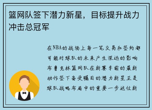 篮网队签下潜力新星，目标提升战力冲击总冠军